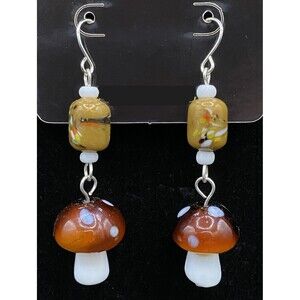 Handmade Mushroom Brown & White Tan Orange Glass Bead Earrings by Neanie-Bot